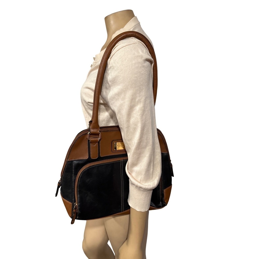Tignanello Black Brown Pebbled Leather Colorblock Shoulder Tote Preppy Classic